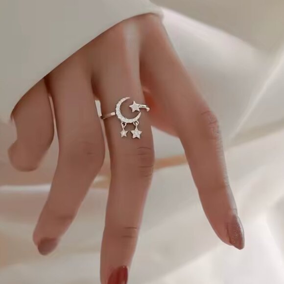 Silver Star and Moon Adjustable Ring - Picture 2 of 5